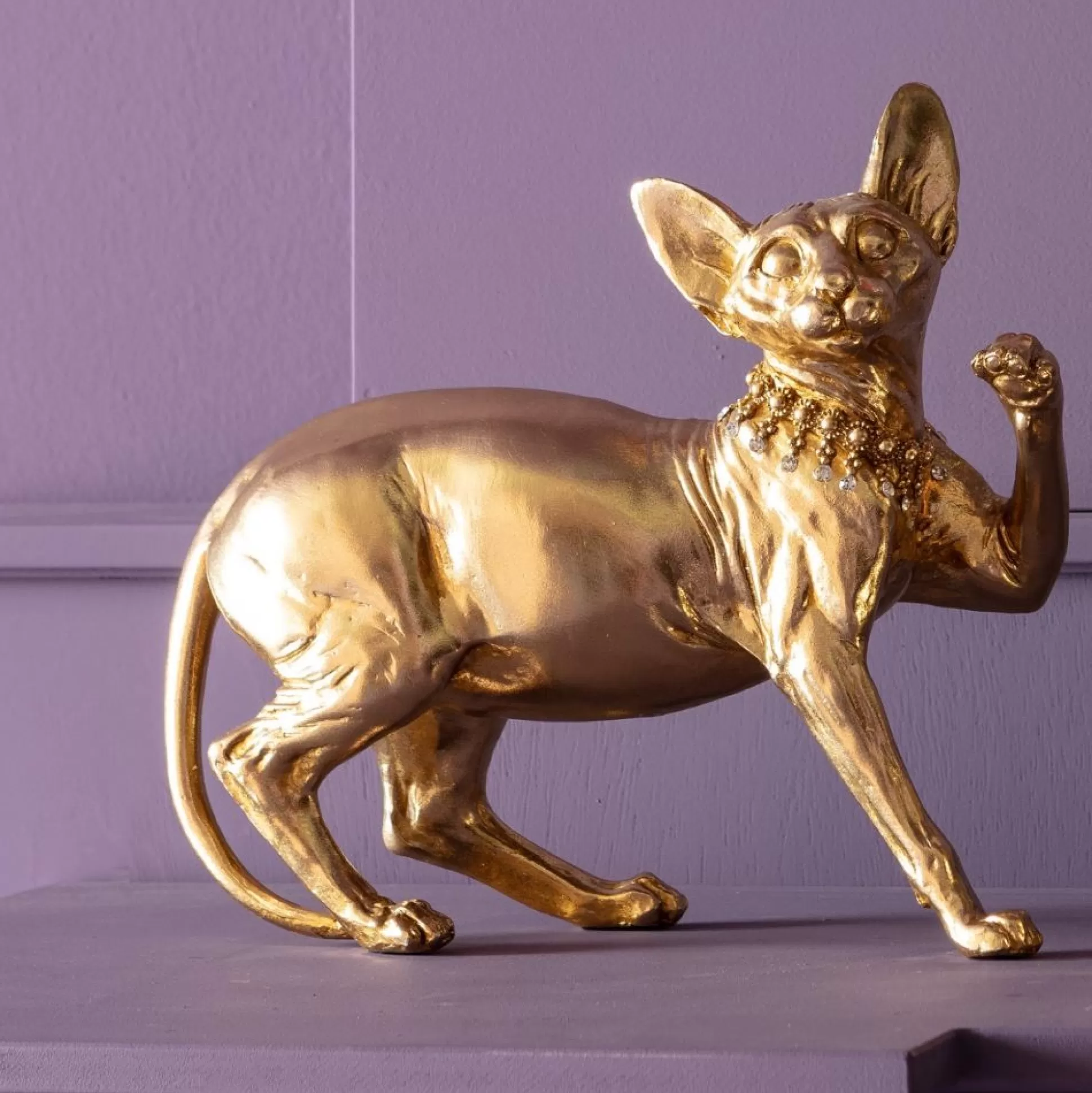 Outlet Decofiguur Standing Cat Audrey Gold 29Cm Decoratieve Beelden