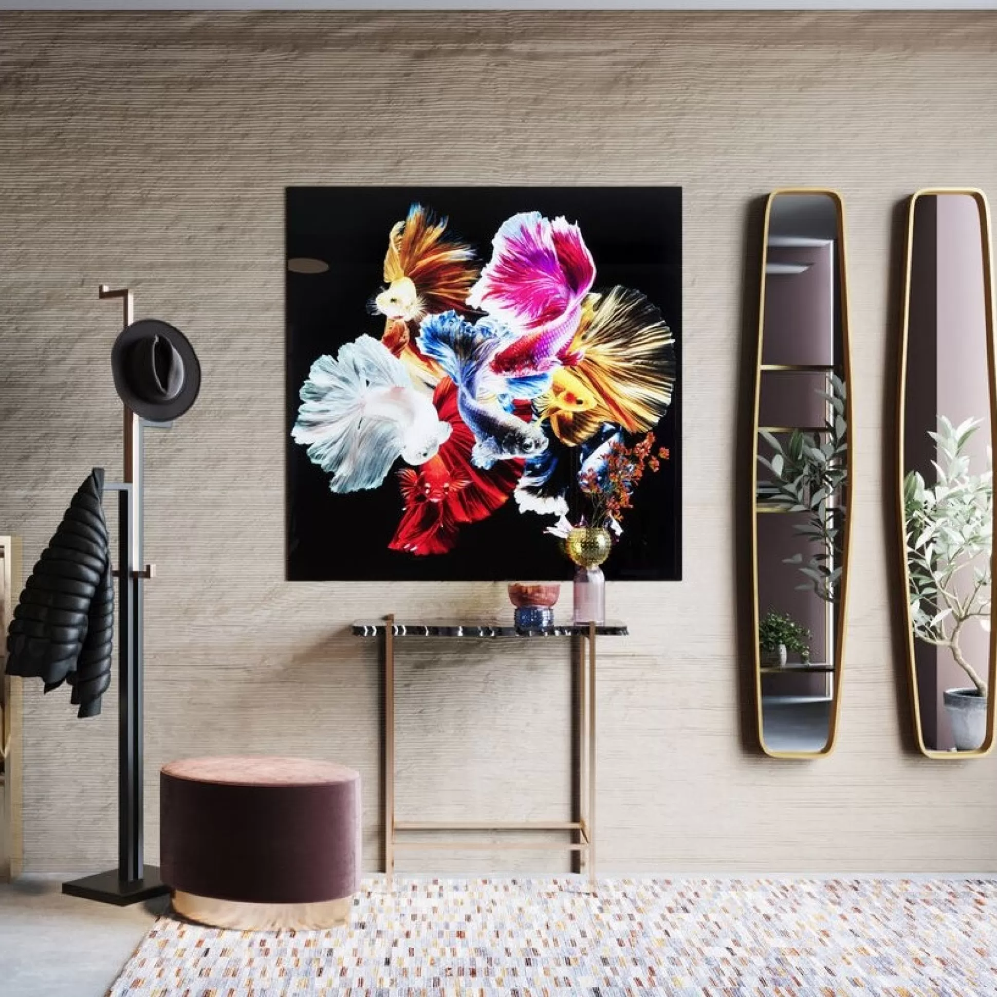 Online Glasschilderij Colorful Swarm Fish 120X120Cm Schilderijen