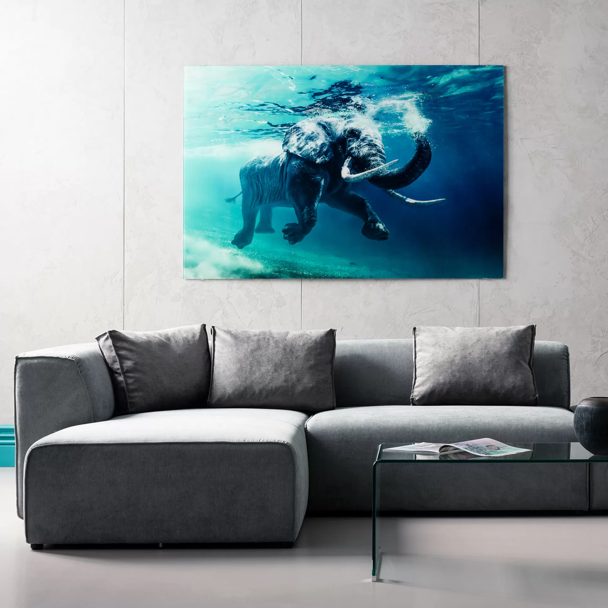 Outlet Glasschilderij Swimming Elephant 180X120Cm Schilderijen