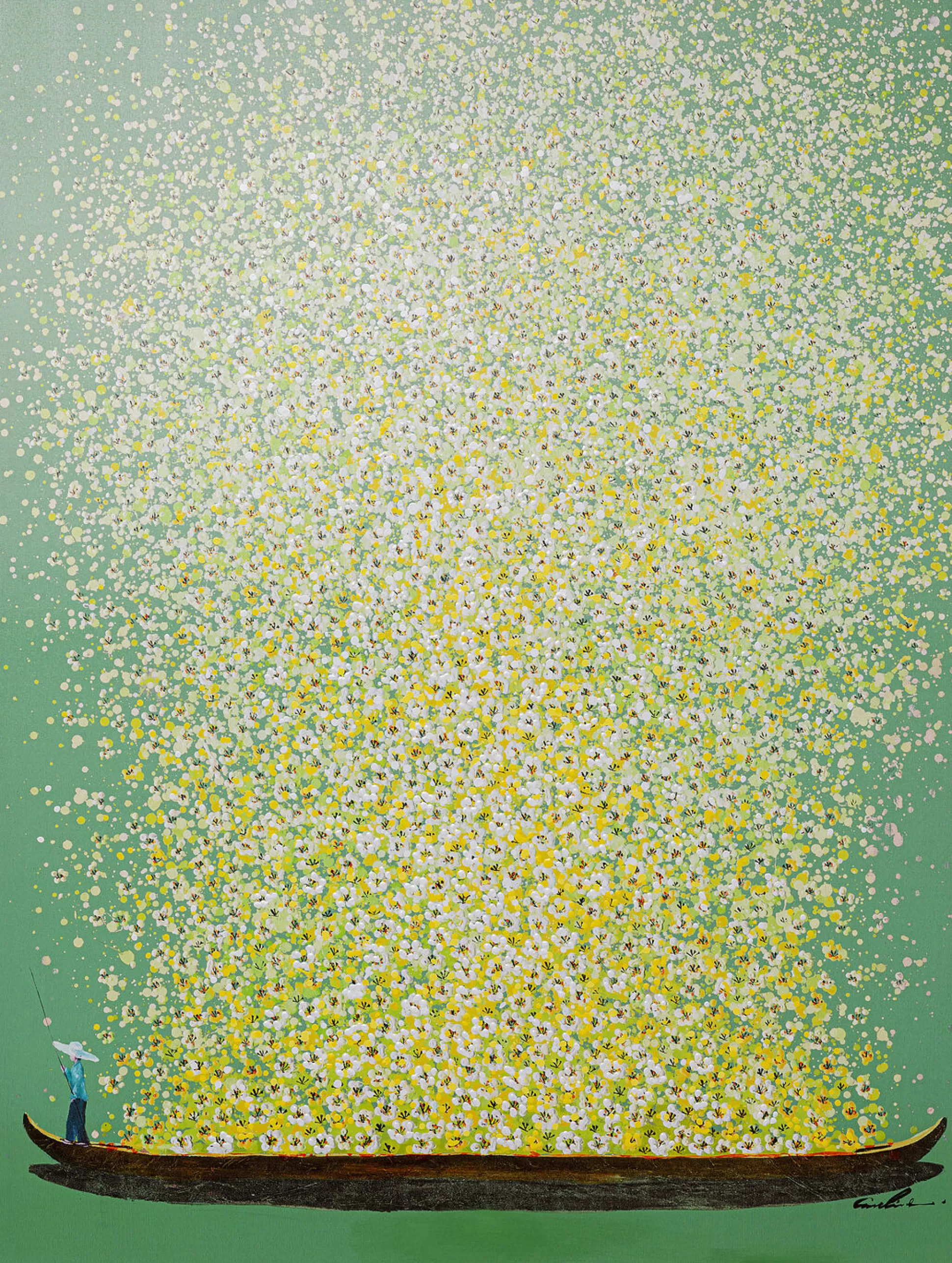 Clearance Schilderij Flower Boat Green Yellow 120X160Cm Schilderijen