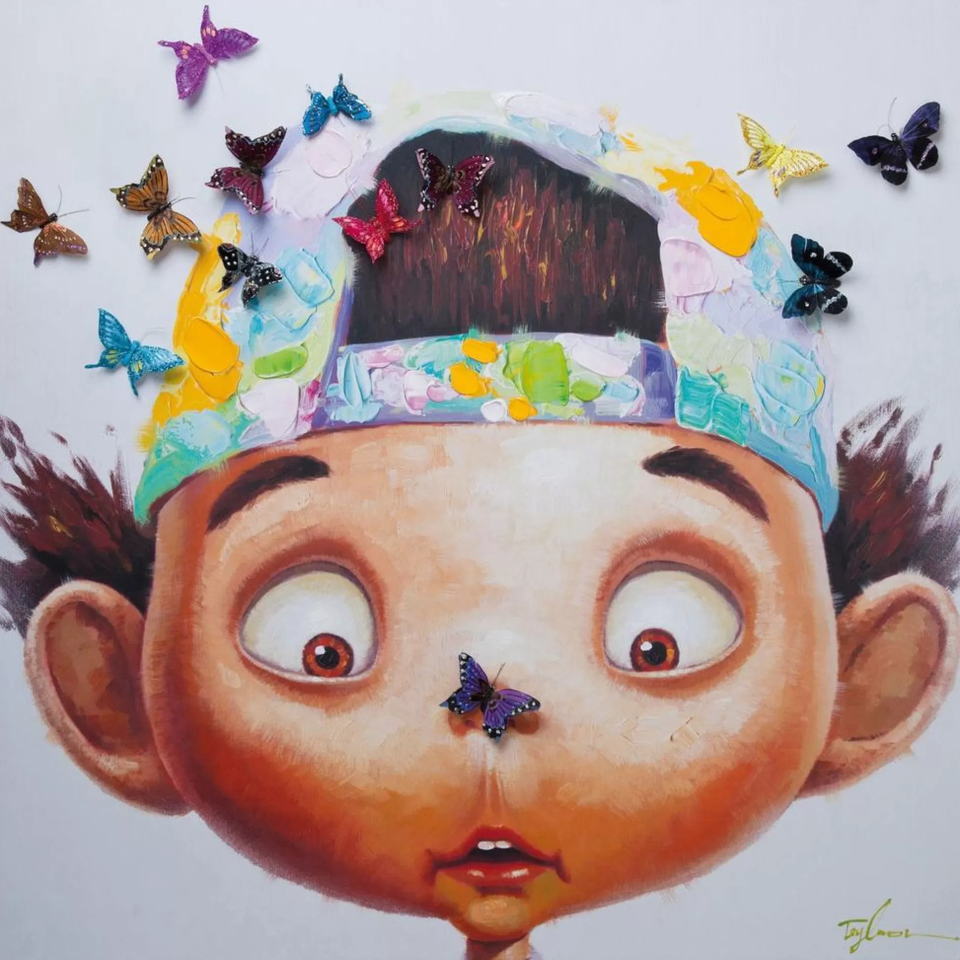 Discount Schilderij Touched Boy With Butterflies 100X100Cm Schilderijen