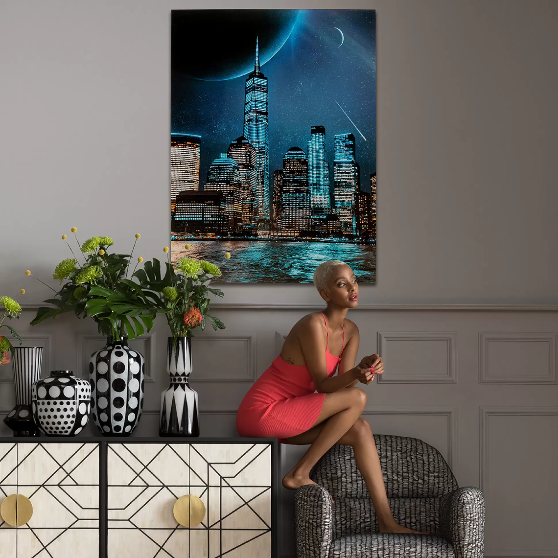 Flash Sale Wandfoto Night Skyline 90X120Cm Schilderijen